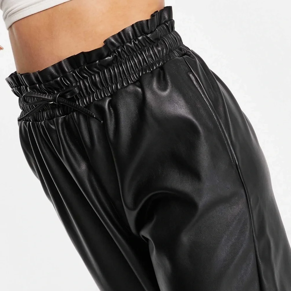 ASOS Faux Leather Pants Paperbag Waist Black Loose Fit Baggy Trousers 4 Small